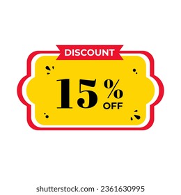 15%, fifteen percent. Discount banner shape. Sale coupon. Red and yellow tag. Special offer badge. Modern concept design. Tag with offer badge. Vector