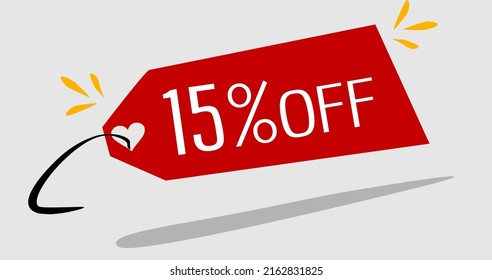 15 fifteen percent discount red banner with a tag and heart for promotions and offers