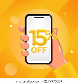 15 or fifteen percent off design. Hand holding a mobile phone with an offer message. Special discount promotion, sale poster template. Vector illustration