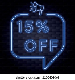 15% fifteen percent off. Neon blue banner with floating balloon for promotions