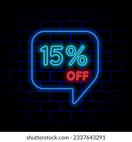 15% fifteen percent off neon lettering. vector illustration. bricks background. in blue and red colors.