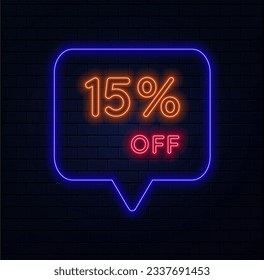 15%. fifteen percent off. neon style. Sale of special offers. A neon style balloon ad for a shopping day retail advertising campaign. bricks background. vector illustration