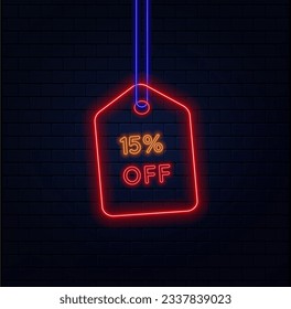 15%. fifteen percent off. vivid neon colors. label template design. neon style. special offer flash sales promotion. bricks background. blue, orange and red. vector illustration.