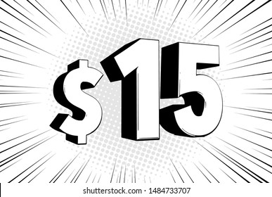 15$ fifteen price symbol. Comic numbers with dollar sign on speed line bubble