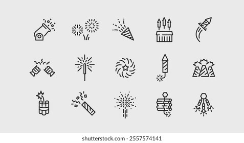 15 Fireworks icons. Large set of various fireworks trendy minimal icons. Includes sparklers, rockets, firecrackers, aerial bursts. Vector illustration