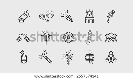 15 Fireworks icons. Large set of various fireworks trendy minimal icons. Includes sparklers, rockets, firecrackers, aerial bursts. Vector illustration