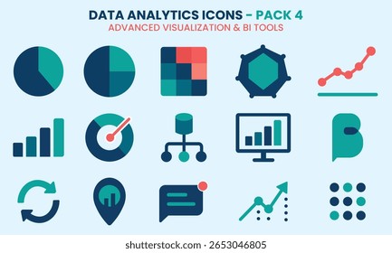 15 icônes d'analyse de données de style plat, idéales pour les tableaux de bord, les infographies, les rapports et les outils BI. Inclut des graphiques à secteurs, des calques thermiques, des graphiques et bien plus encore pour des visualisations intelligentes.