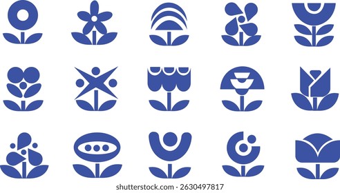 15 Logotipo e ícone da flor em estilo geométrico plano em cor azul. Perfeito para branding, design de logotipo, embalagem, web, padrões sem costura, decoração mínima, arte digital, gráficos vetoriais.