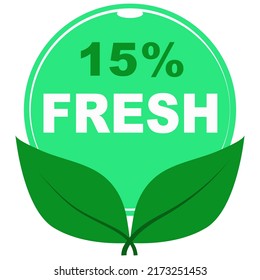 15% fresh fruits vector art illustration sign symbol in green round shape with leaves business stamp isolated on white background