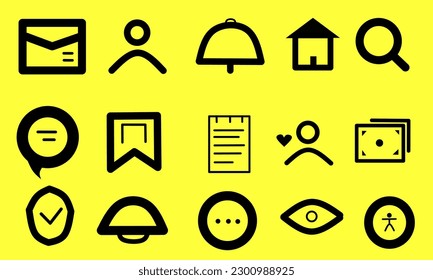 15 gadget lineart icon set including message, profile, notification, homepage, search, topic, bookmark page, list, favorites, monetization, protection, additions, privacy, accessibility