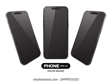 15 generation smartphone mockup with black screen from different view angles. Realistic mobile phone device isolated on white. Vector illustration.