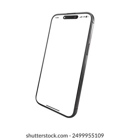 15 generation smartphone mockup with empty white screen. Angled view. Mobile phone device isolated on white. Realistic vector illustration.