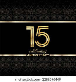 15 Golden Double Line Number. Cubierta de invitación al aniversario con brillo separado por líneas dobles doradas sobre fondo negro