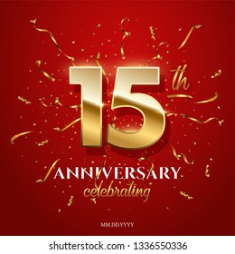 15 golden numbers and Anniversary Celebrating text with golden serpentine and confetti on red background. Vector fifteenth anniversary celebration event square template