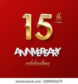 15 golden numbers and Anniversary Celebrating text with golden ribbons on red background. Vector fifteenth anniversary celebration event square template.