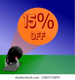 15% gray, black and red reflector iluminates promotions and discounts in the blue sky, in orange
