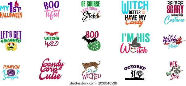 15 Halloween Quotes bundle Vector Design. Halloween sayings. Set of hand lettered Halloween phrases. Silhouette, Party lettering, calligraphy. Halloween party signs and labels design set decor