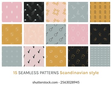 15 hand drawn seamless patterns collection in Scandinavian style. Cozy vector tiles for fabric, textiles, and retro designs. Isolated patterns with various symbols and signs. Swatches included.