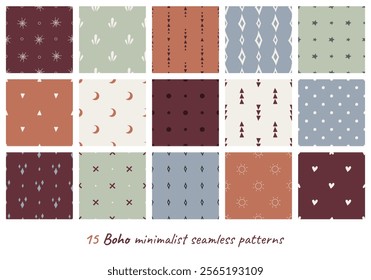 15 hand drawn seamless patterns collection in Boho style. Cozy vector tiles with simple elements for fabric, textiles, and retro designs. Isolated patterns with various symbols. Swatches included.