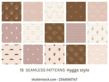 15 hand drawn seamless patterns collection in Hygge style. Cozy vector tiles in shades of brown for fabric, textiles, and retro designs. Isolated patterns with various symbols. Swatches included.