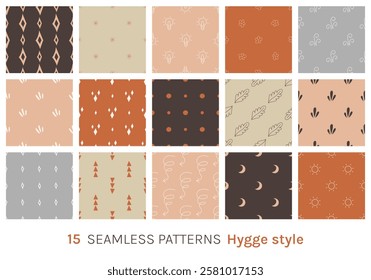 15 hand drawn seamless patterns collection in Hygge style. Cozy vector square tiles for fabric, textiles, and retro designs. Isolated patterns with various doodle symbols. Swatches included.