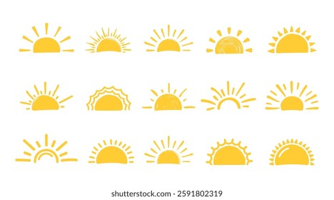 15 Hand drawn suns on white background, vector eps10 illustration