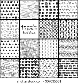 15 hand drawn vector ink seamless patterns