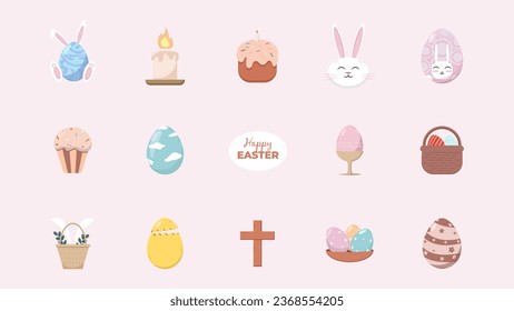 15 Happy Easter Icons. 15 Easter Icons. Icons include rabbits, buskets, eggs, candle, easter cake. Vector illustrations.