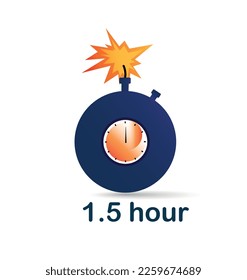 Bomba de reloj de 1.5 horas. Publicidad en Internet, promoción de bienes y servicios. Explosión y daño, peligro. Interfaz para programas y aplicaciones, notificación. Dibujo vectorial plano de dibujos animados