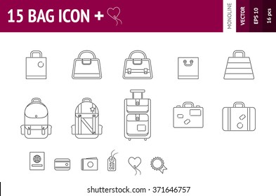 15 Icons of bags and accessories for them. Sign of bag for travels and buying. Symbols of bag and package for business and ui templates. Clean outline style.