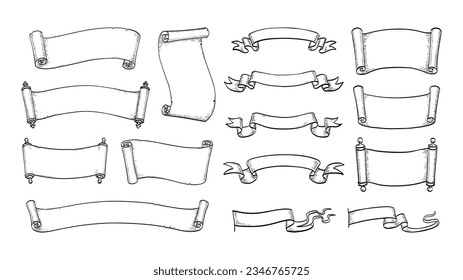 15 Illustrations of ribbons and scrolls in an ink sketch style. Vintage banners.