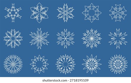 15 imaginative snowflake shapes to complete your winter background isolated on blue background, vector