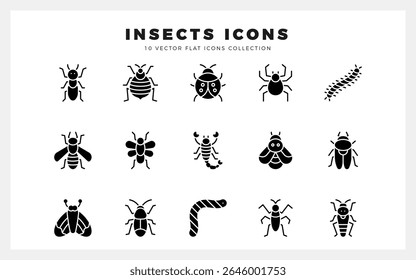 15 Insetos ícone de glifos pack. ilustração vetorial.