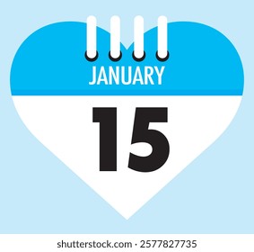 15 January calendar icon sky blue heart shape on light sky blue color background, calendar vector symbol for the month of January.