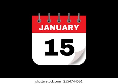 15 January calendar icon text page monthly web design on red, white and black background vector, icon, or illustration with the month of January 15