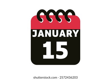15 January calendar icon text page monthly web design on red, black and white background vector, icon, or illustration with the month of January 15