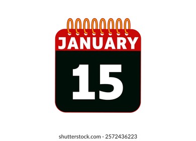 15 January calendar icon text page monthly web design on red, black and white background vector, icon, or illustration with the month of January 15