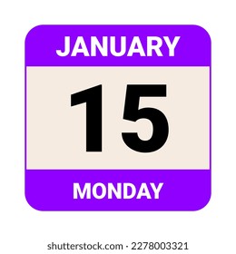 15 January, Monday. Date template. Useful design for calendar or event promotion. Vector illustration EPS 10 File. Isolated on white background. 
