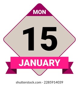 15 January, Monday. Date template. Useful design for calendar or event promotion. Vector illustration EPS 10 File. Isolated on white background. 