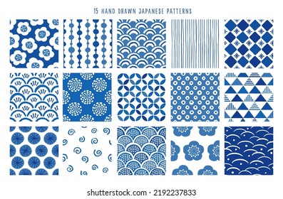 15 Japanese patterns. hand drawn style vector art.
