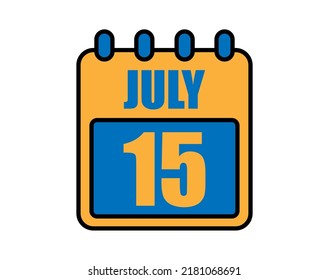 15 July calendar. July calendar icon in blue and orange. Vector Calendar Page Isolated on White Background.
