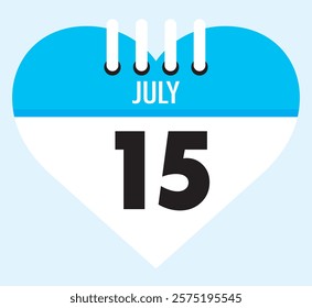 15 July calendar icon sky blue heart shape on light sky blue color background, calendar vector symbol for the month of July.