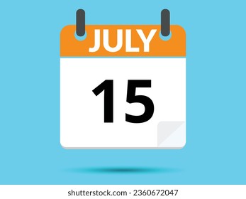 15 July. Flat icon calendar isolated on blue background. Vector illustration.