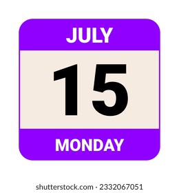 15 July, Monday. Date template. Useful design for calendar or event promotion. Vector illustration EPS 10 File. Isolated on white background. 