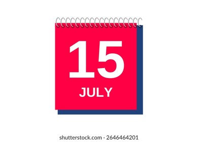 15 de julio Mes Vector de un solo día, ilustración, calendario con rojo, azul y blanco Icono de calendario de fondo de color del 15 de julio