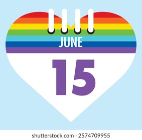 15 June calendar icon pride color heart shape on light sky blue color background, calendar vector symbol for the month of  June.