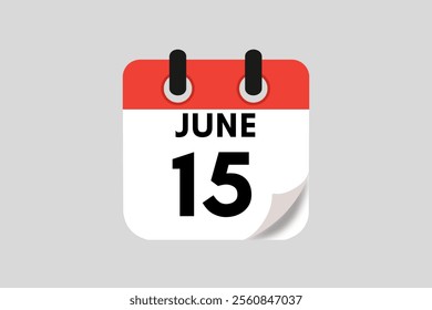 15 June calendar icon text page monthly web design on red, white, black and ash background vector, icon, or illustration with the month of June 15