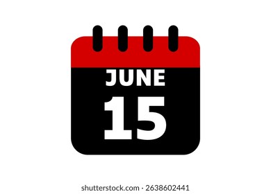 15 June calendar icon text page monthly web design on red, black and white background vector, icon, or illustration with the month of June 15
