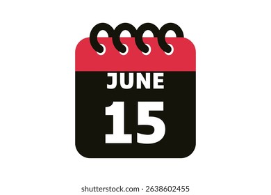 15 June calendar icon text page monthly web design on red, black and white background vector, icon, or illustration with the month of June 15