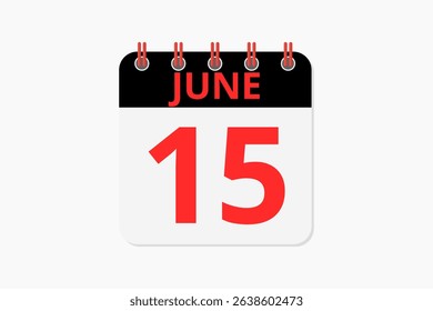 15 June calendar icon text page monthly web design on red, black and white background vector, icon, or illustration with the month of June 15